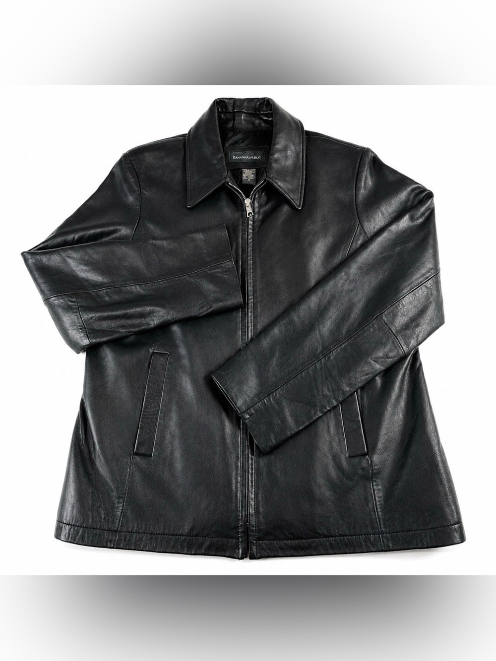 Vintage Banana Republic Men's L Black Leather Jacket Tailored Fit 90s Y2K Zip Up